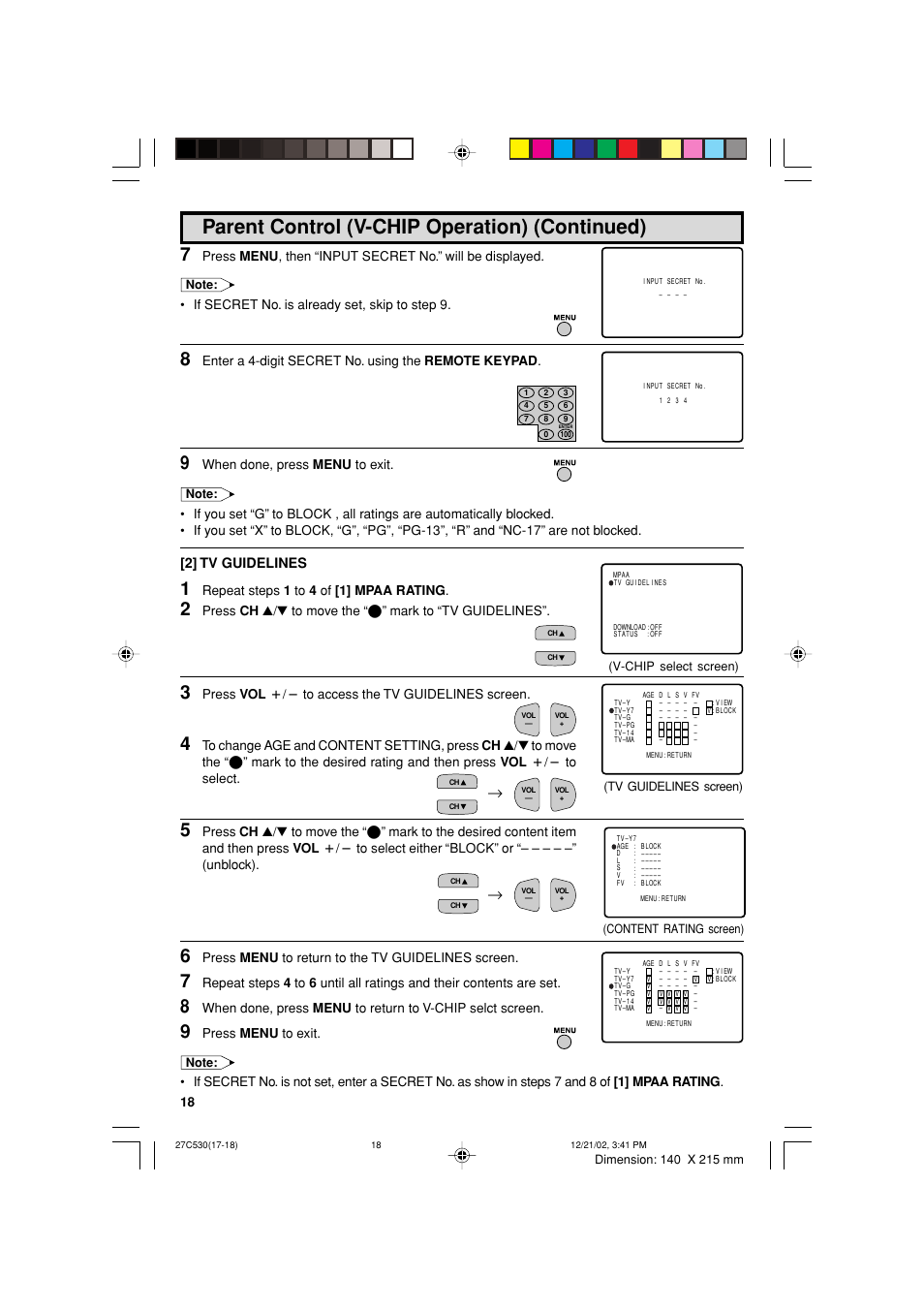 Parent control (v-chip operation) (continued), 2] tv guidelines | Sharp 27C530 User Manual | Page 18 / 60