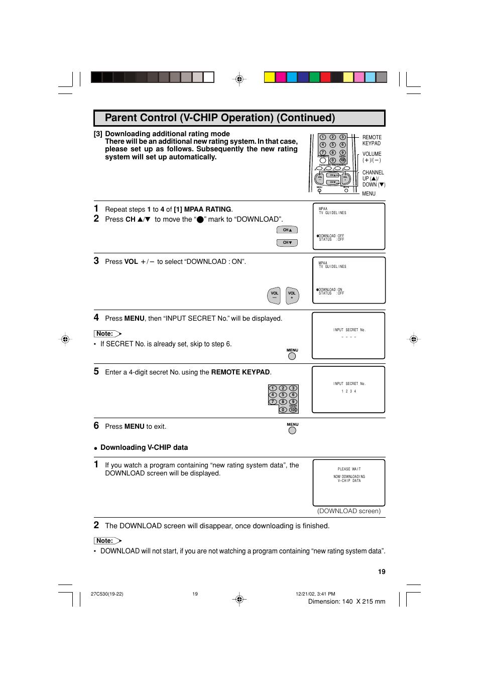 Press, Mark to “download, If secret no. is already set, skip to step 6 | Downloading v-chip data | Sharp 27C530 User Manual | Page 19 / 60