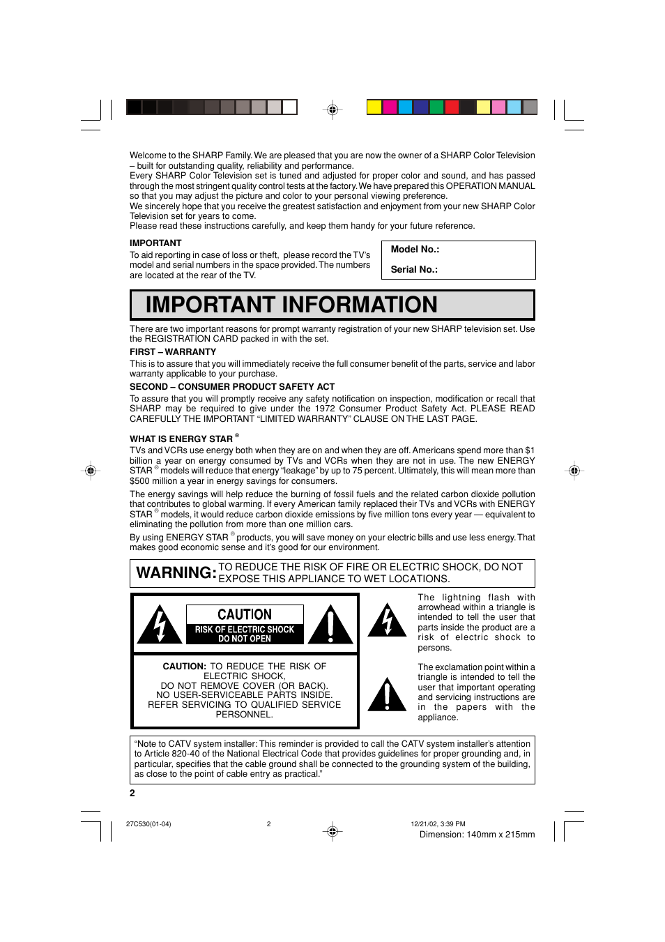 Important information, Warning | Sharp 27C530 User Manual | Page 2 / 60