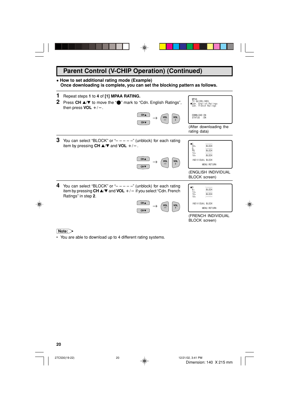 Parent control (v-chip operation) (continued), Repeat steps 1 to 4 of [1] mpaa rating | Sharp 27C530 User Manual | Page 20 / 60