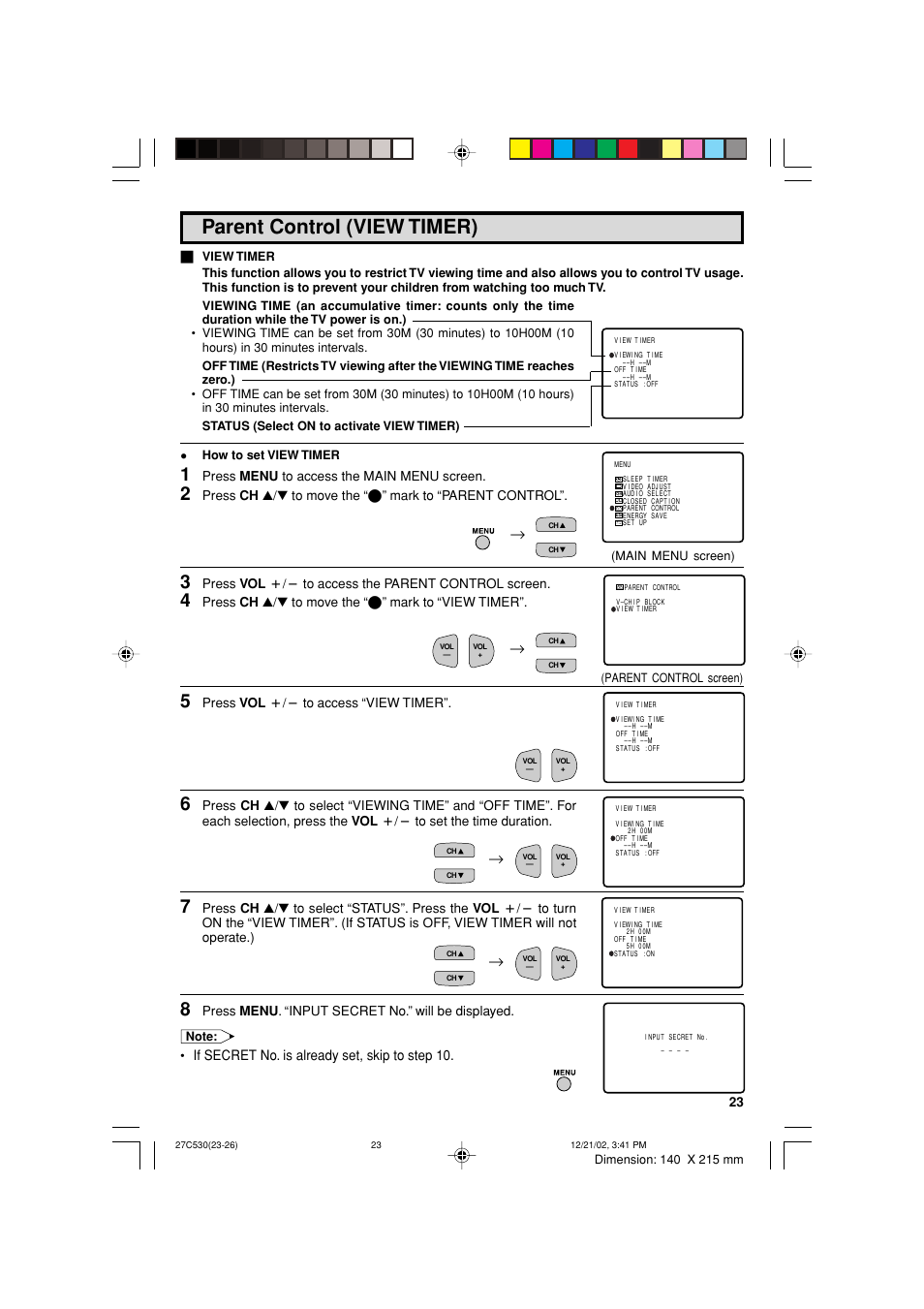 Parent control (view timer), If secret no. is already set, skip to step 10 | Sharp 27C530 User Manual | Page 23 / 60