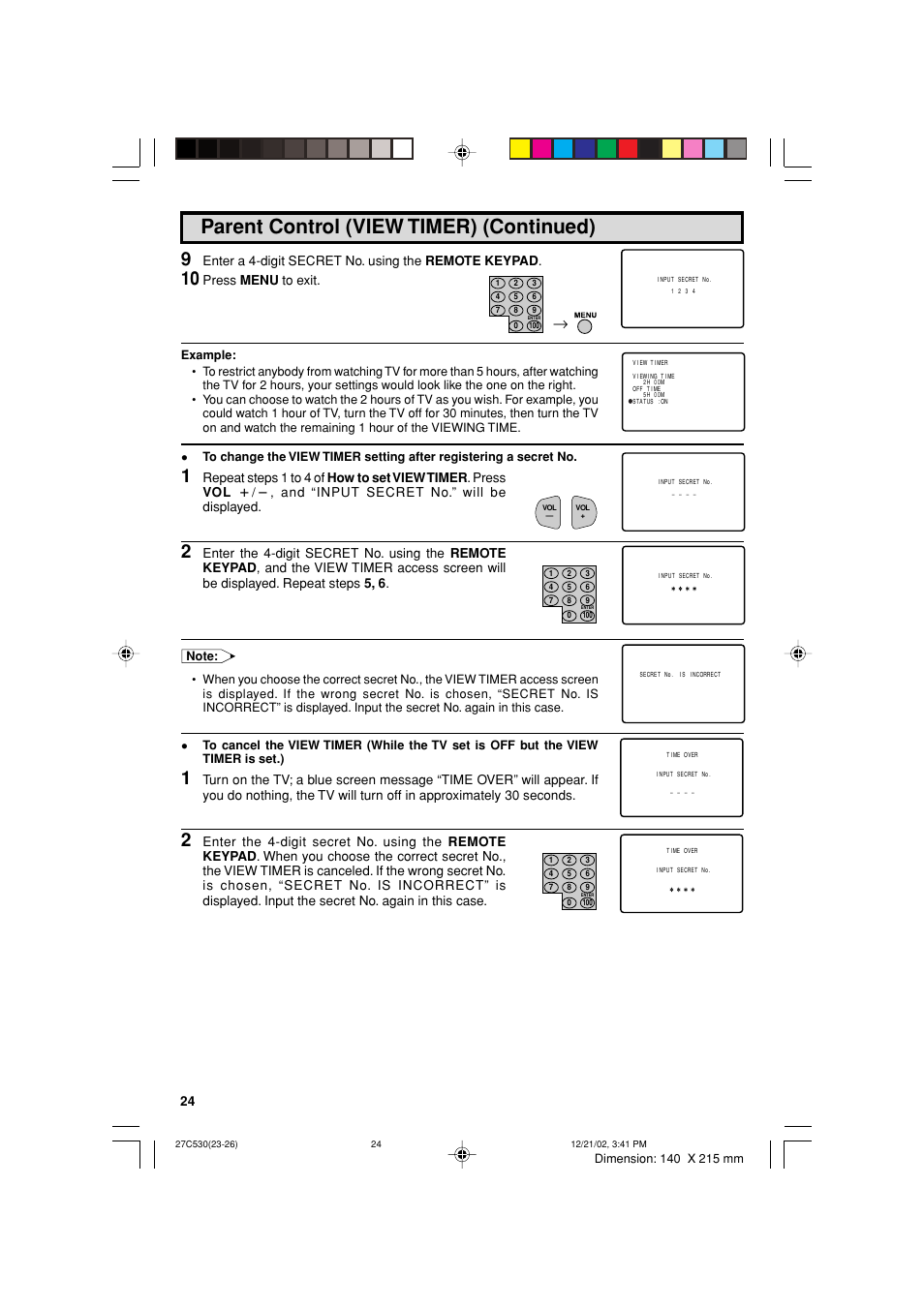Parent control (view timer) (continued), Enter a 4-digit secret no. using the remote keypad, Press menu to exit | Sharp 27C530 User Manual | Page 24 / 60