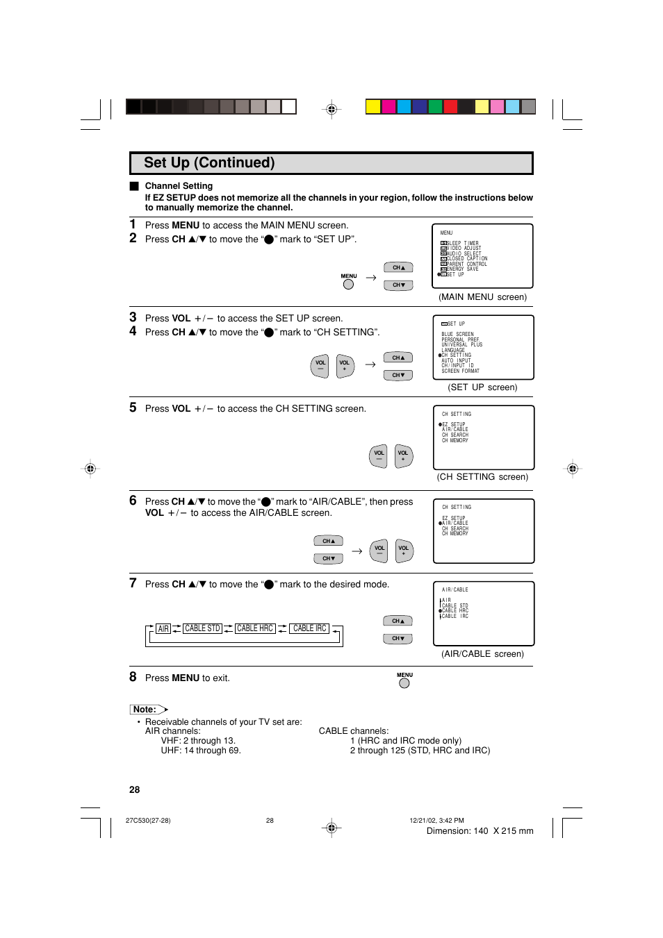 Set up (continued) | Sharp 27C530 User Manual | Page 28 / 60