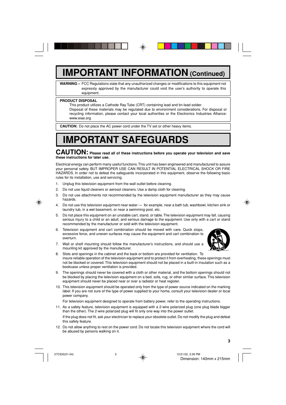 Important information, Important safeguards, Caution | Continued) | Sharp 27C530 User Manual | Page 3 / 60