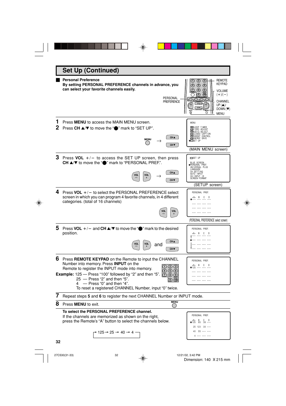 Set up (continued), Press menu to access the main menu screen, Press ch a/s to move the “e” mark to “set up | Press menu to exit | Sharp 27C530 User Manual | Page 32 / 60