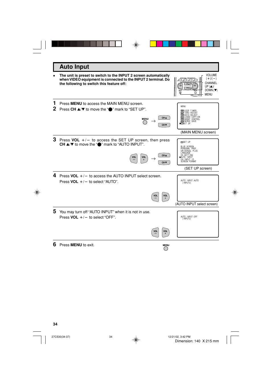 Auto input, Press menu to access the main menu screen, Press ch a/s to move the “e” mark to “set up | Press menu to exit | Sharp 27C530 User Manual | Page 34 / 60