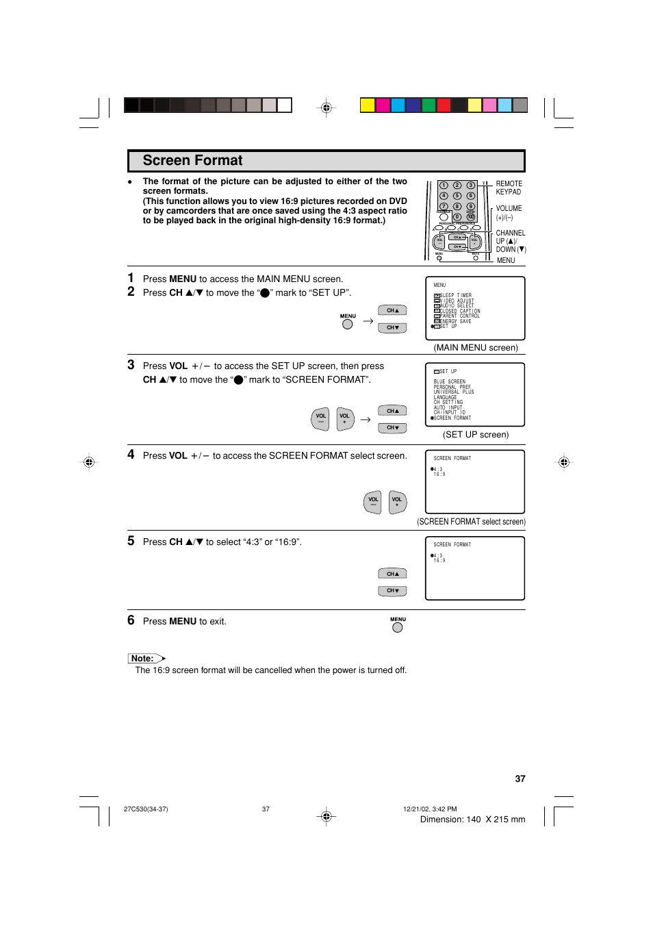 Screen format, Press menu to access the main menu screen, Press ch a/s to move the “e” mark to “set up | Press menu to exit | Sharp 27C530 User Manual | Page 37 / 60