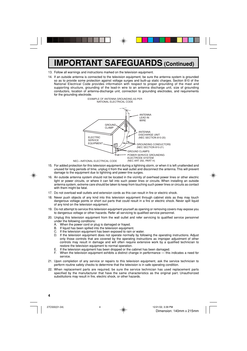 Important safeguards, Continued) | Sharp 27C530 User Manual | Page 4 / 60