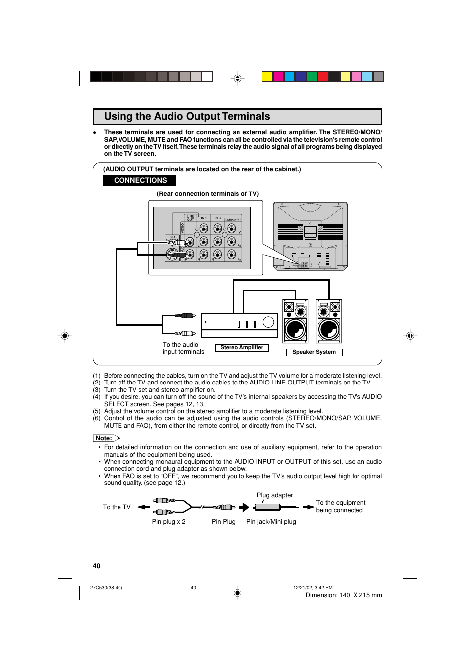Using the audio output terminals | Sharp 27C530 User Manual | Page 40 / 60