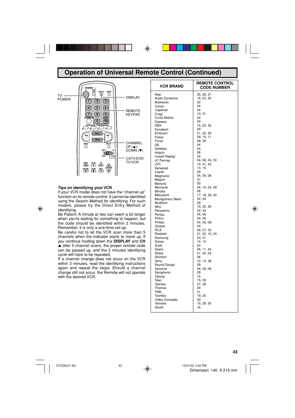 Operation of universal remote control (continued) | Sharp 27C530 User Manual | Page 43 / 60