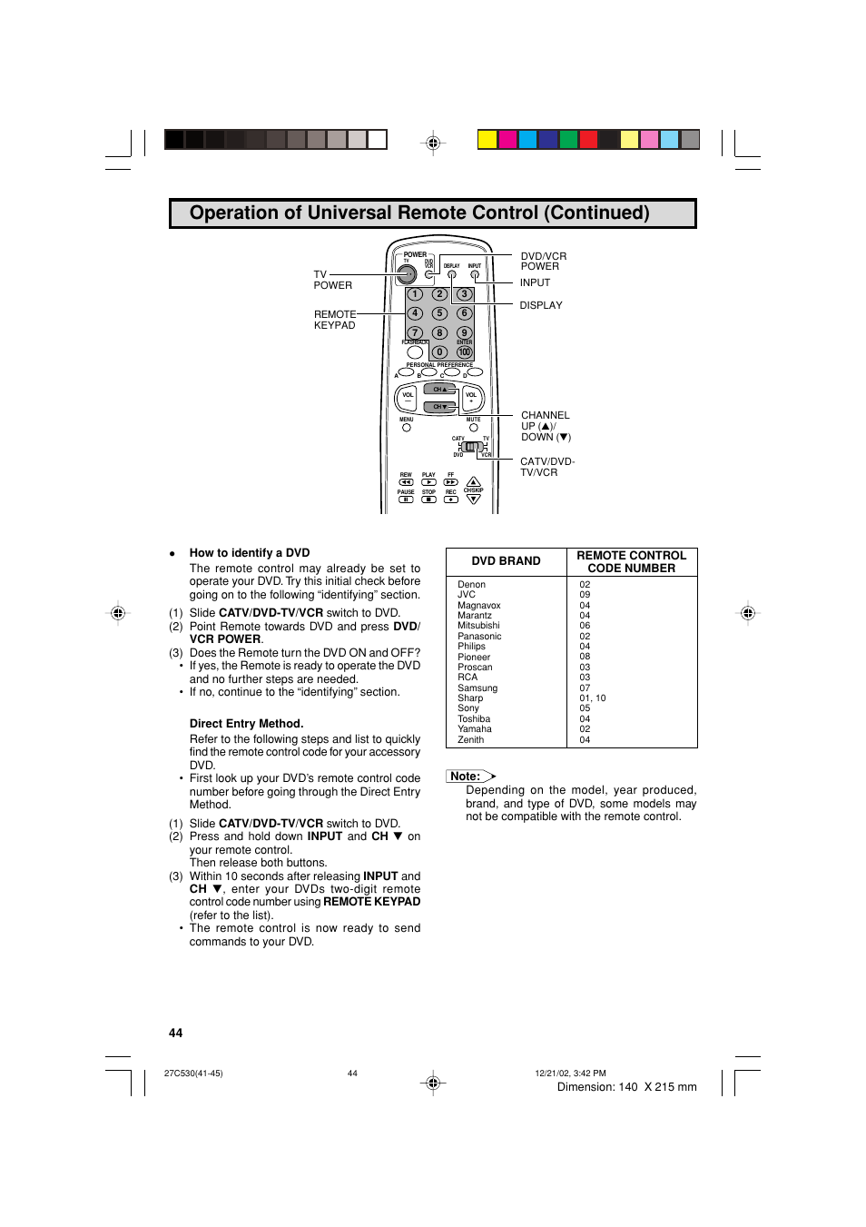 Operation of universal remote control (continued) | Sharp 27C530 User Manual | Page 44 / 60