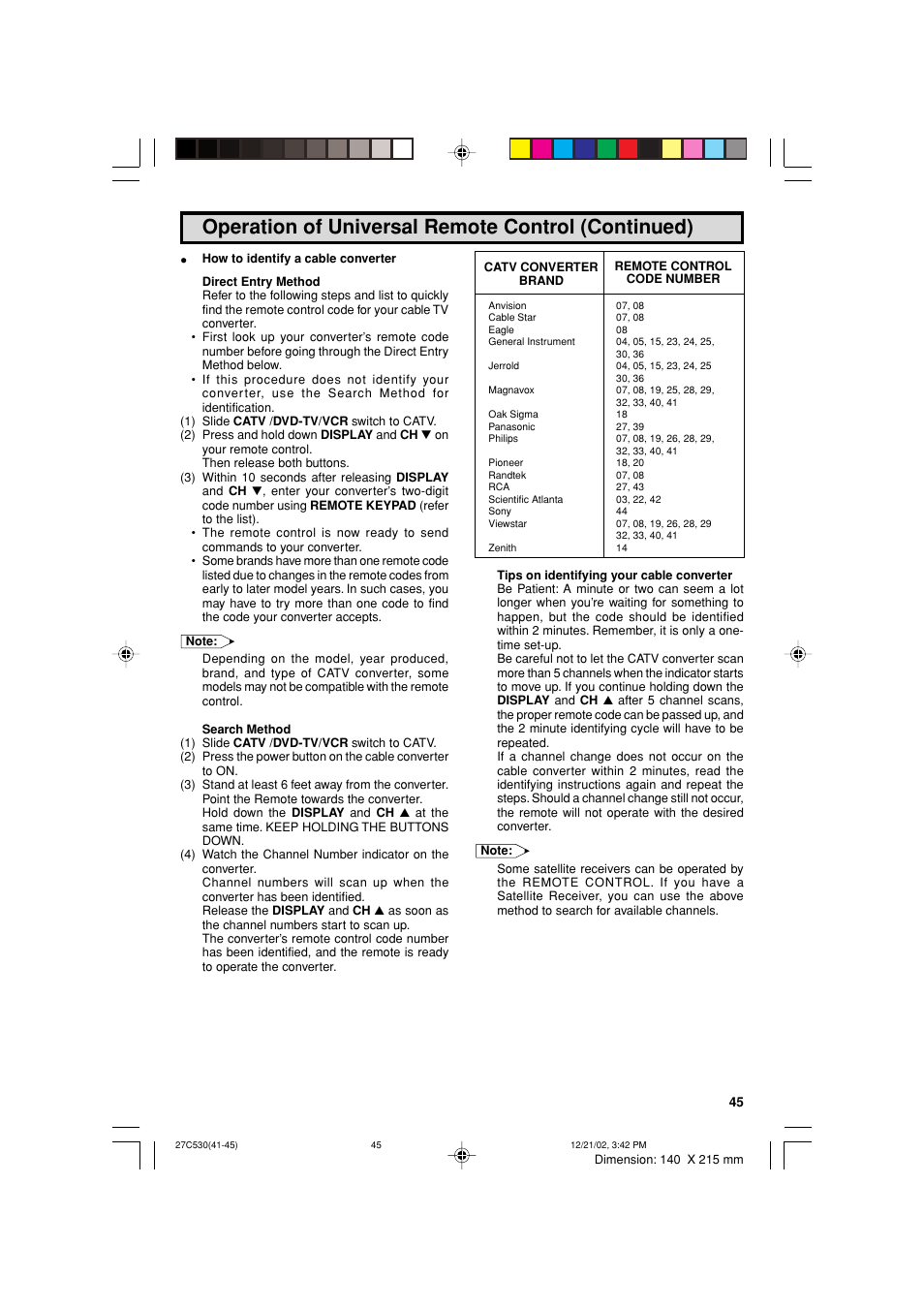 Operation of universal remote control (continued) | Sharp 27C530 User Manual | Page 45 / 60