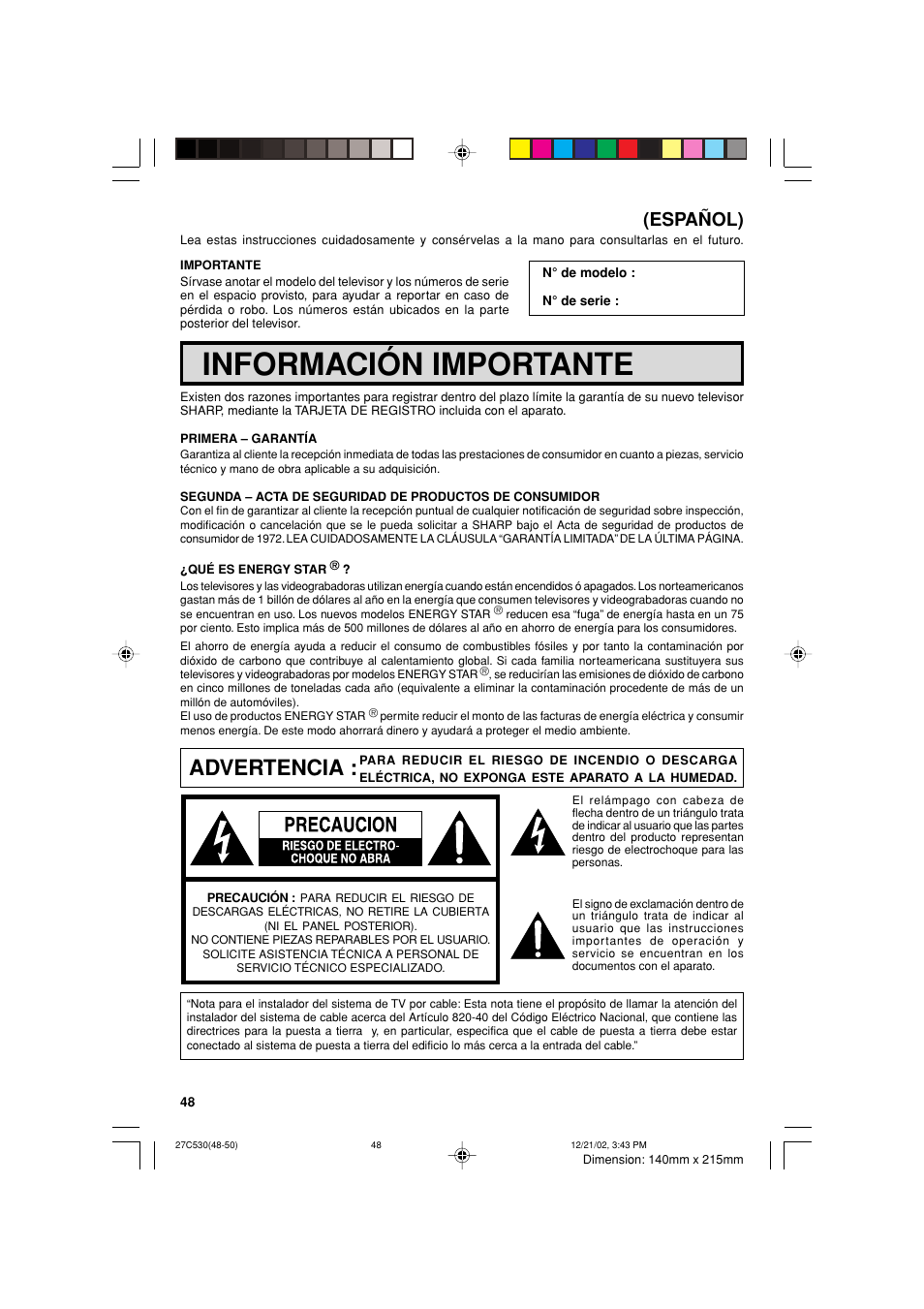 Información importante, Advertencia, Español) | Sharp 27C530 User Manual | Page 48 / 60