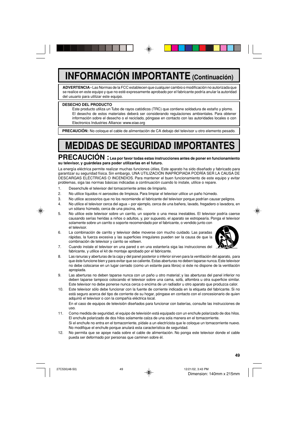 Información importante, Medidas de seguridad importantes, Precaución | Continuación) | Sharp 27C530 User Manual | Page 49 / 60