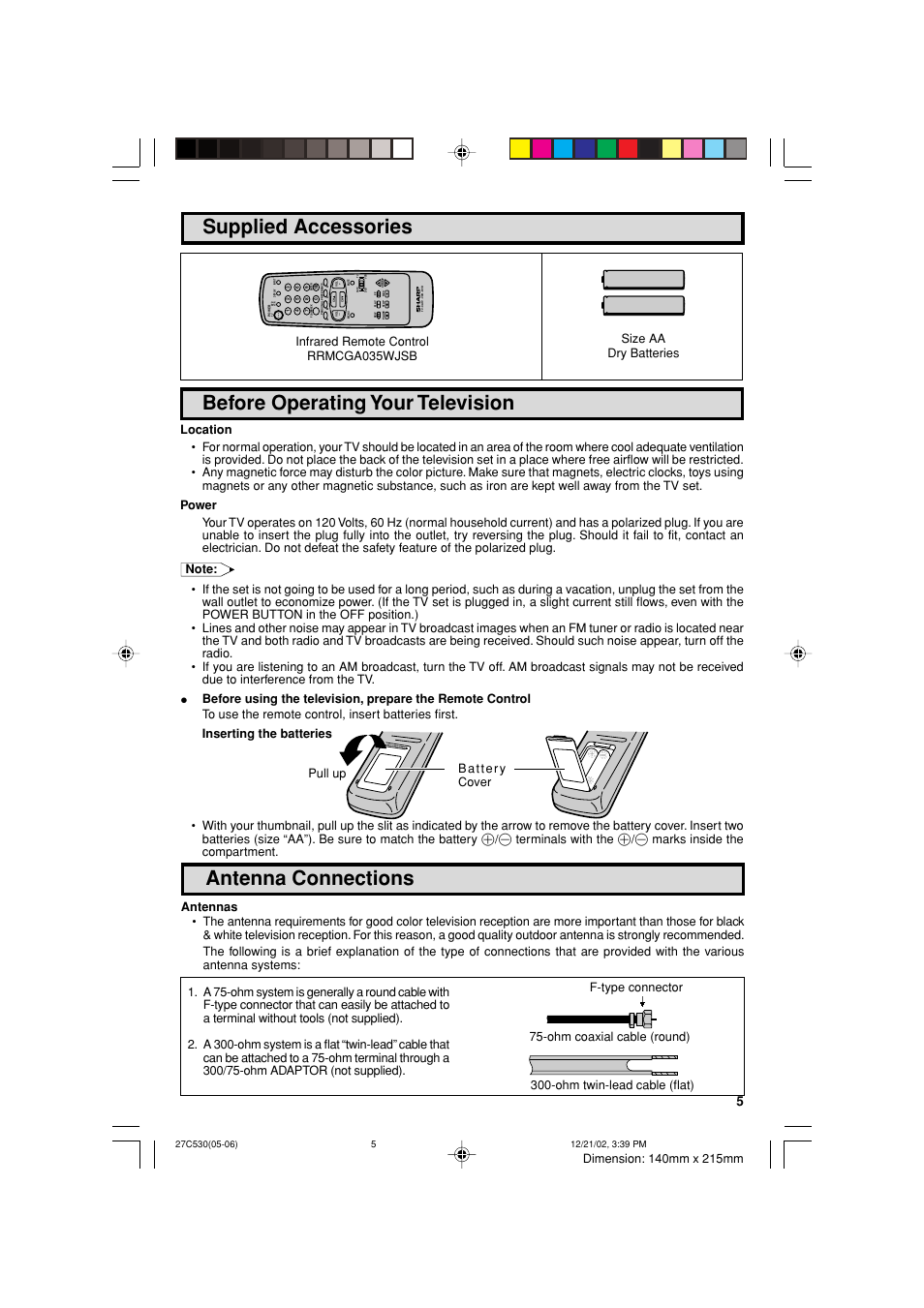 Supplied accessories, Before operating your television, Antenna connections | Sharp 27C530 User Manual | Page 5 / 60