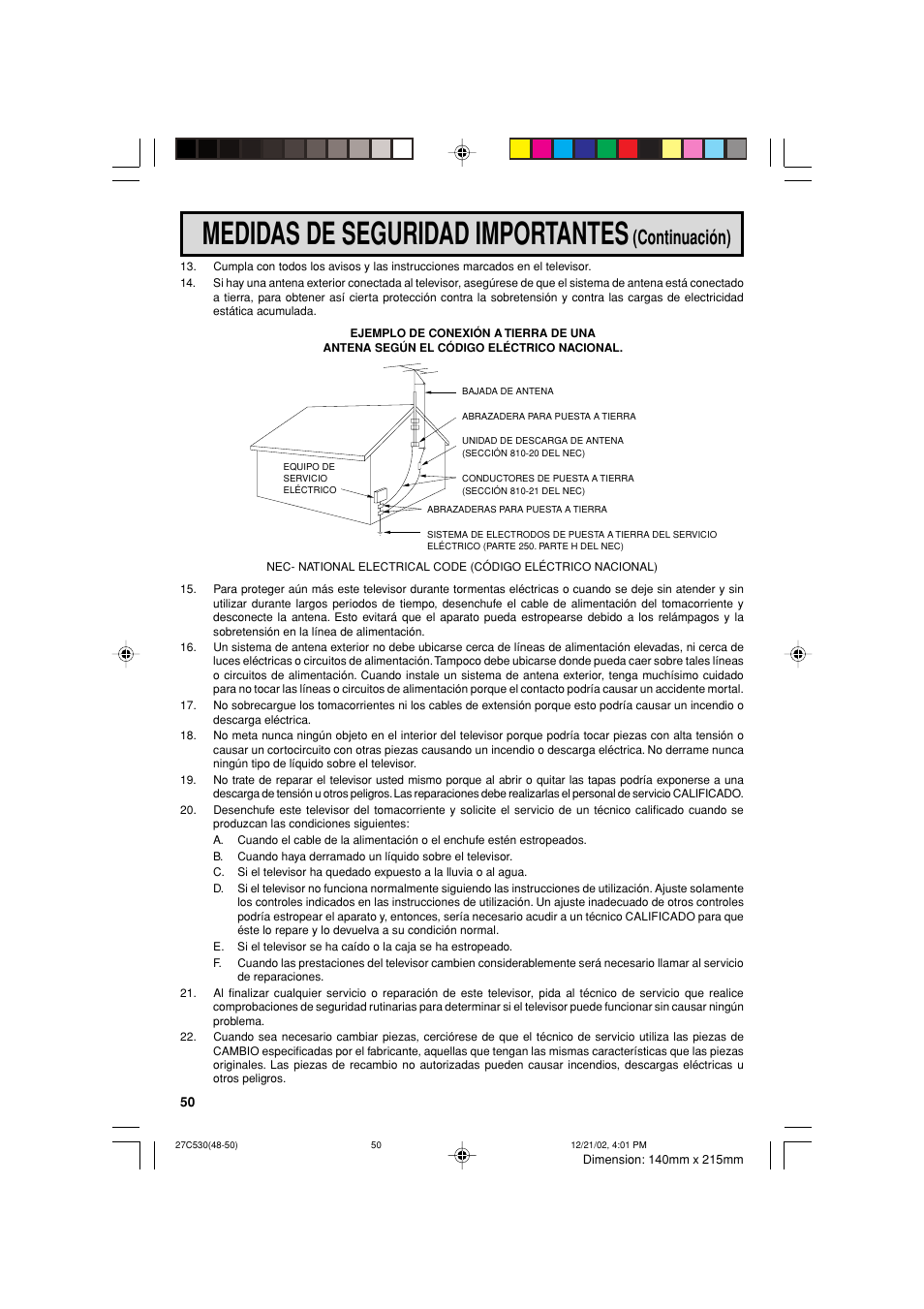 Medidas de seguridad importantes, Continuación) | Sharp 27C530 User Manual | Page 50 / 60