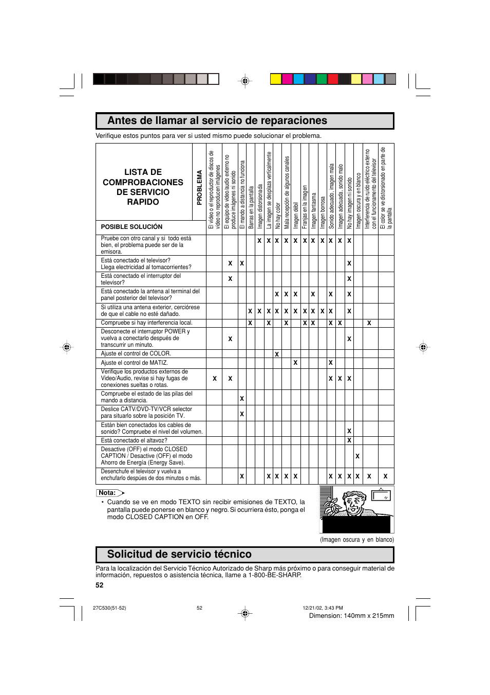 Antes de llamar al servicio de reparaciones, Solicitud de servicio técnico, Lista de comprobaciones de servicio rapido | Sharp 27C530 User Manual | Page 52 / 60