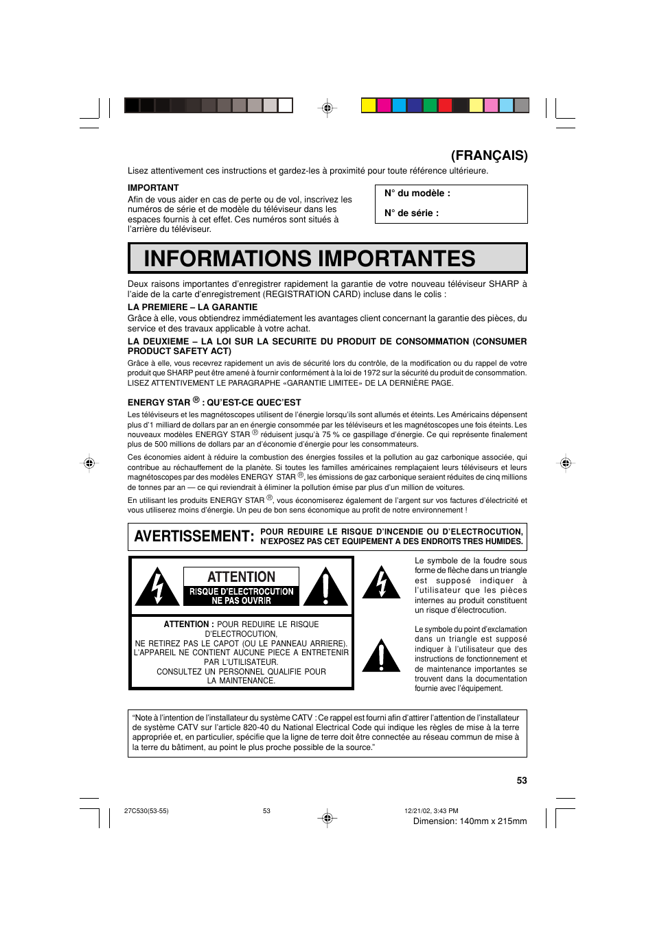 Informations importantes, Avertissement, Français) | Sharp 27C530 User Manual | Page 53 / 60