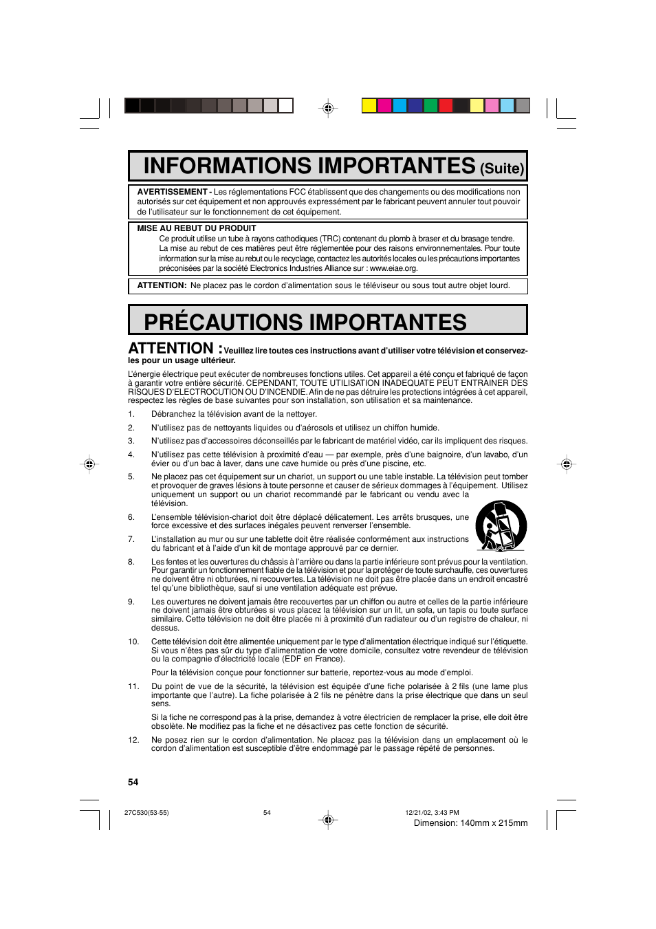 Informations importantes, Précautions importantes, Attention | Suite) | Sharp 27C530 User Manual | Page 54 / 60