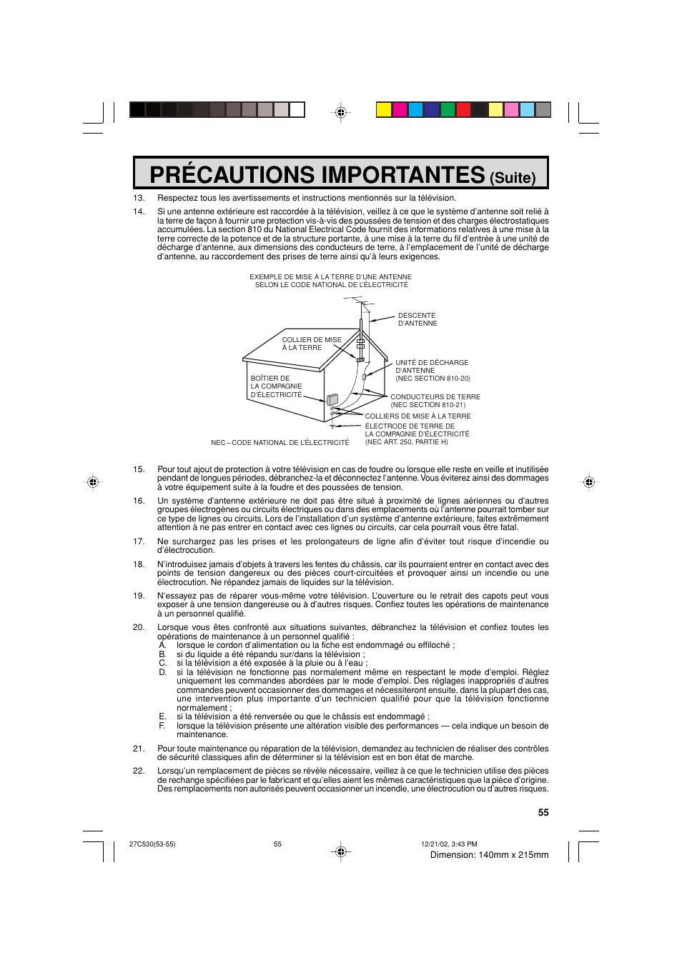 Précautions importantes, Suite) | Sharp 27C530 User Manual | Page 55 / 60