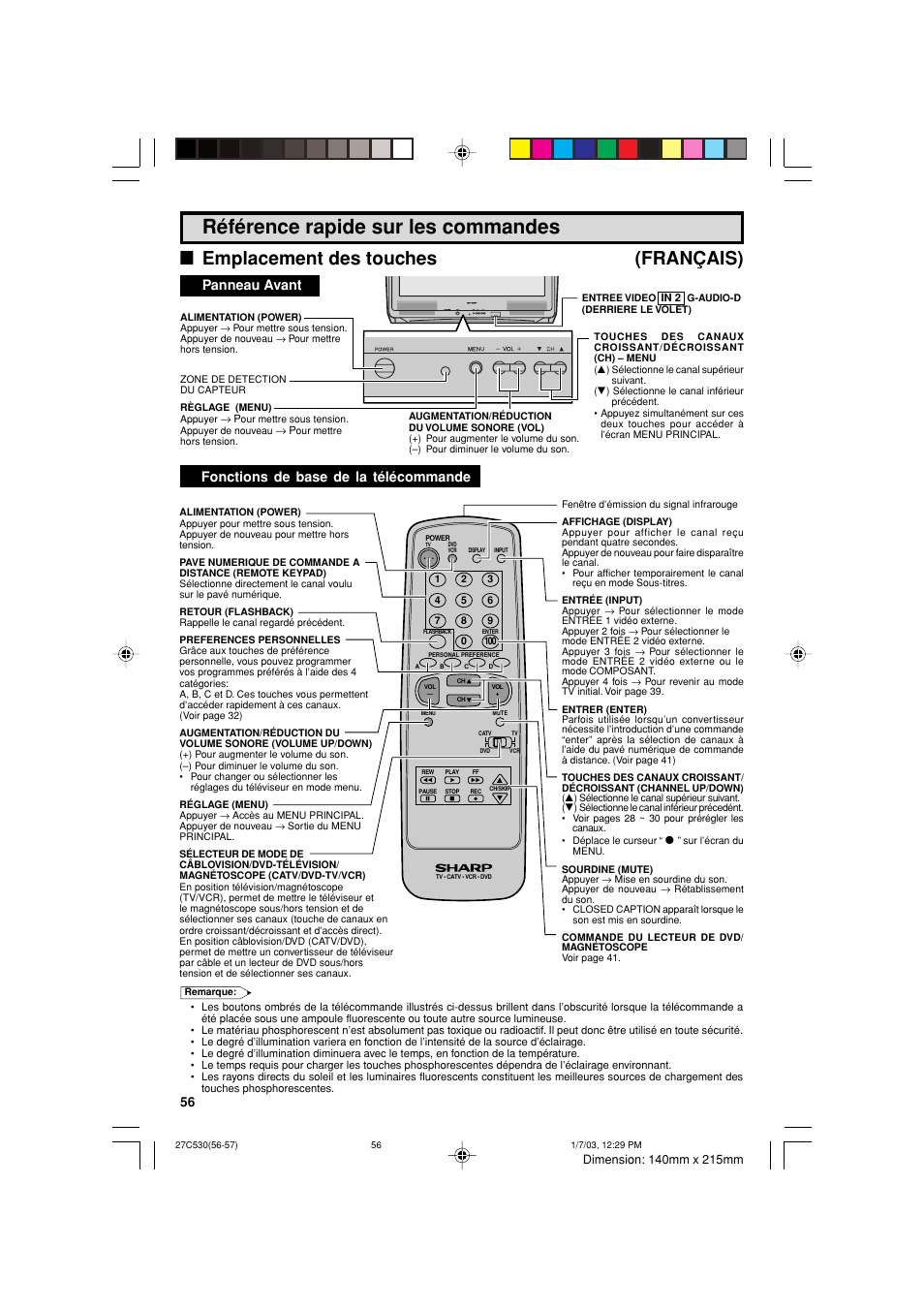 Référence rapide sur les commandes, Lemplacement des touches (français), Panneau avant | Fonctions de base de la télécommande | Sharp 27C530 User Manual | Page 56 / 60