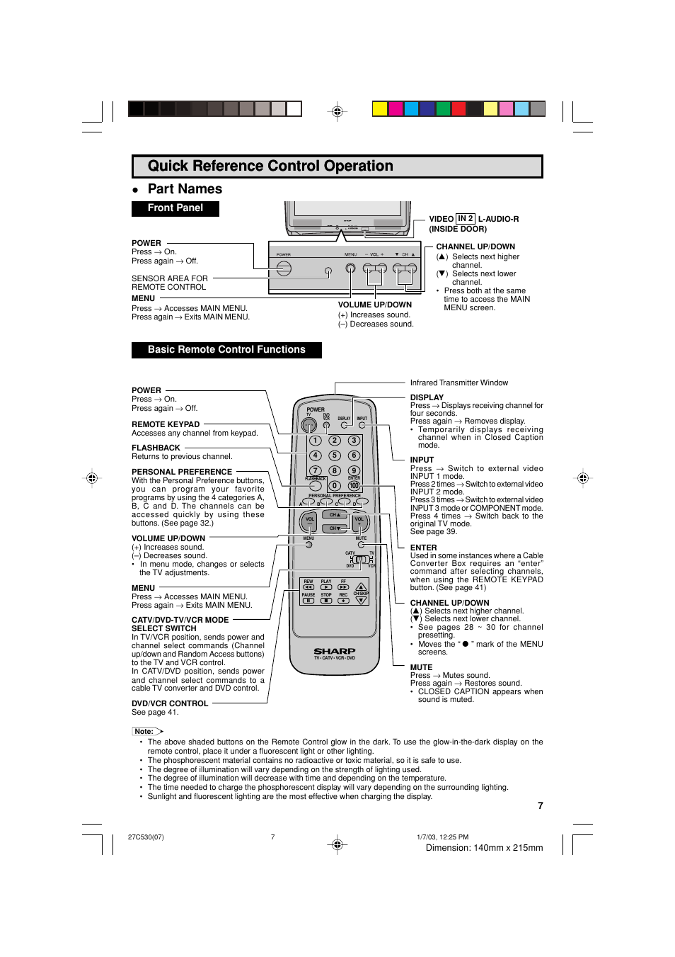 Quick reference control operation, Part names, Front panel | Basic remote control functions | Sharp 27C530 User Manual | Page 7 / 60