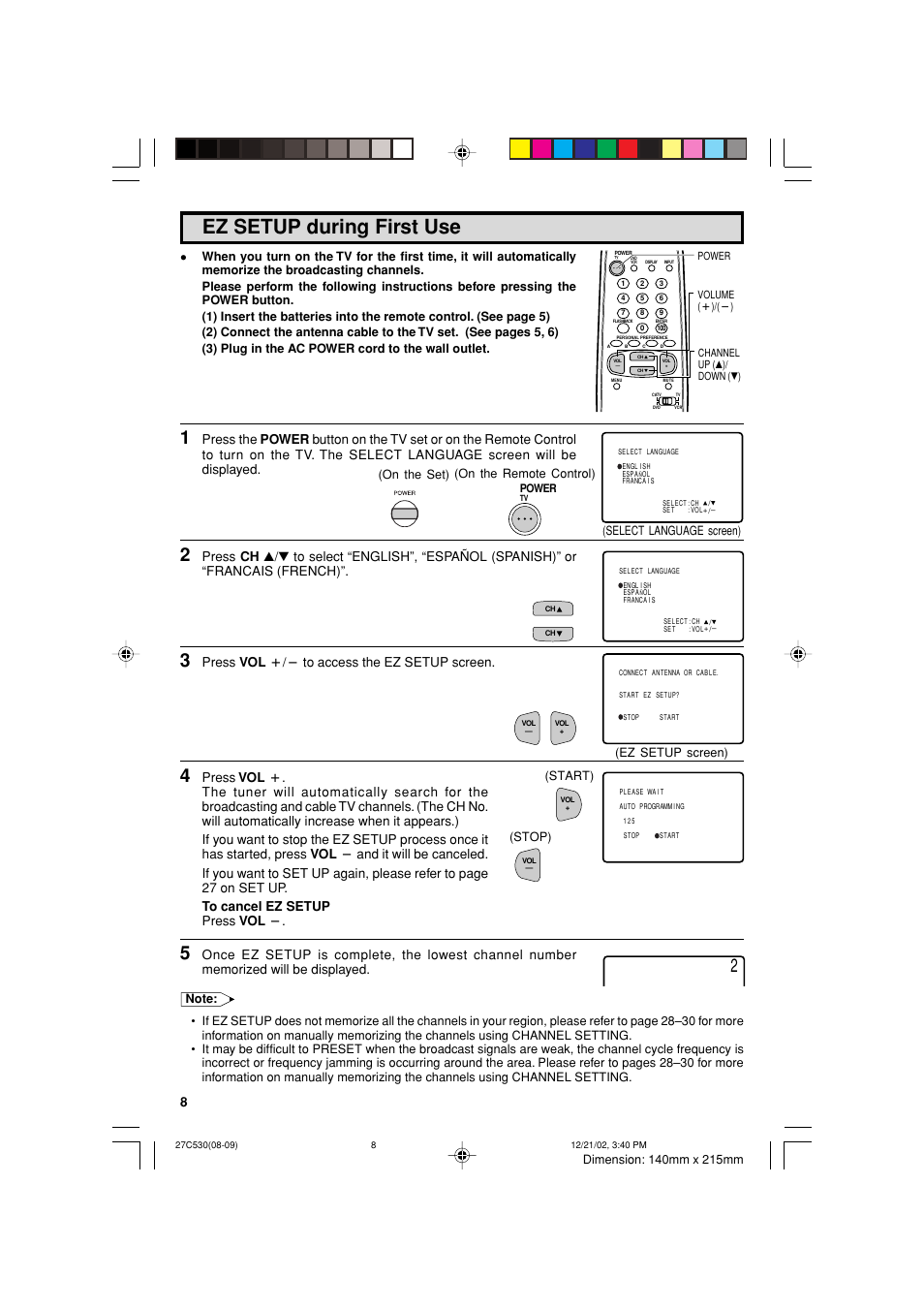 Ez setup during first use, Press vol k/l to access the ez setup screen | Sharp 27C530 User Manual | Page 8 / 60