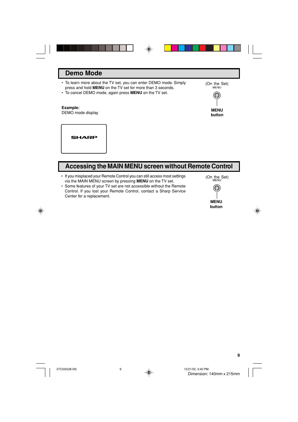 Demo mode | Sharp 27C530 User Manual | Page 9 / 60