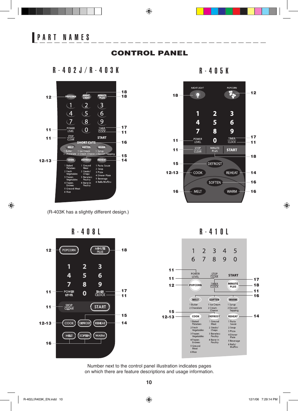 R - 4 0 5 k, Control panel | Sharp TINSEB137WRRZ-D61 User Manual | Page 10 / 42