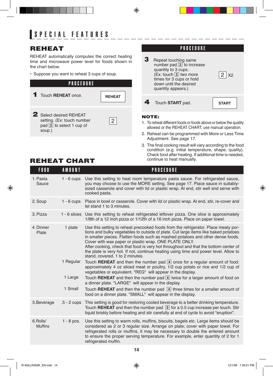 Reheat, Reheat chart | Sharp TINSEB137WRRZ-D61 User Manual | Page 14 / 42