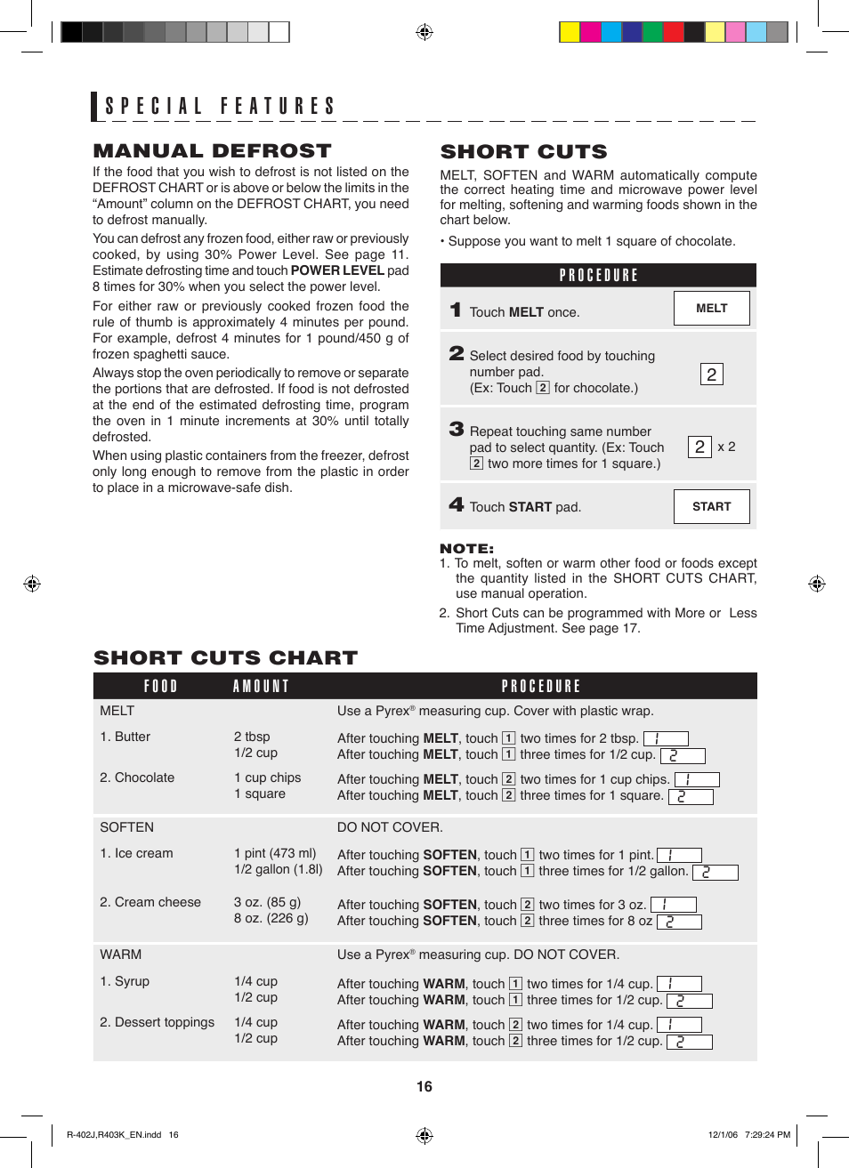 Manual defrost, Short cuts, Short cuts chart | Sharp TINSEB137WRRZ-D61 User Manual | Page 16 / 42