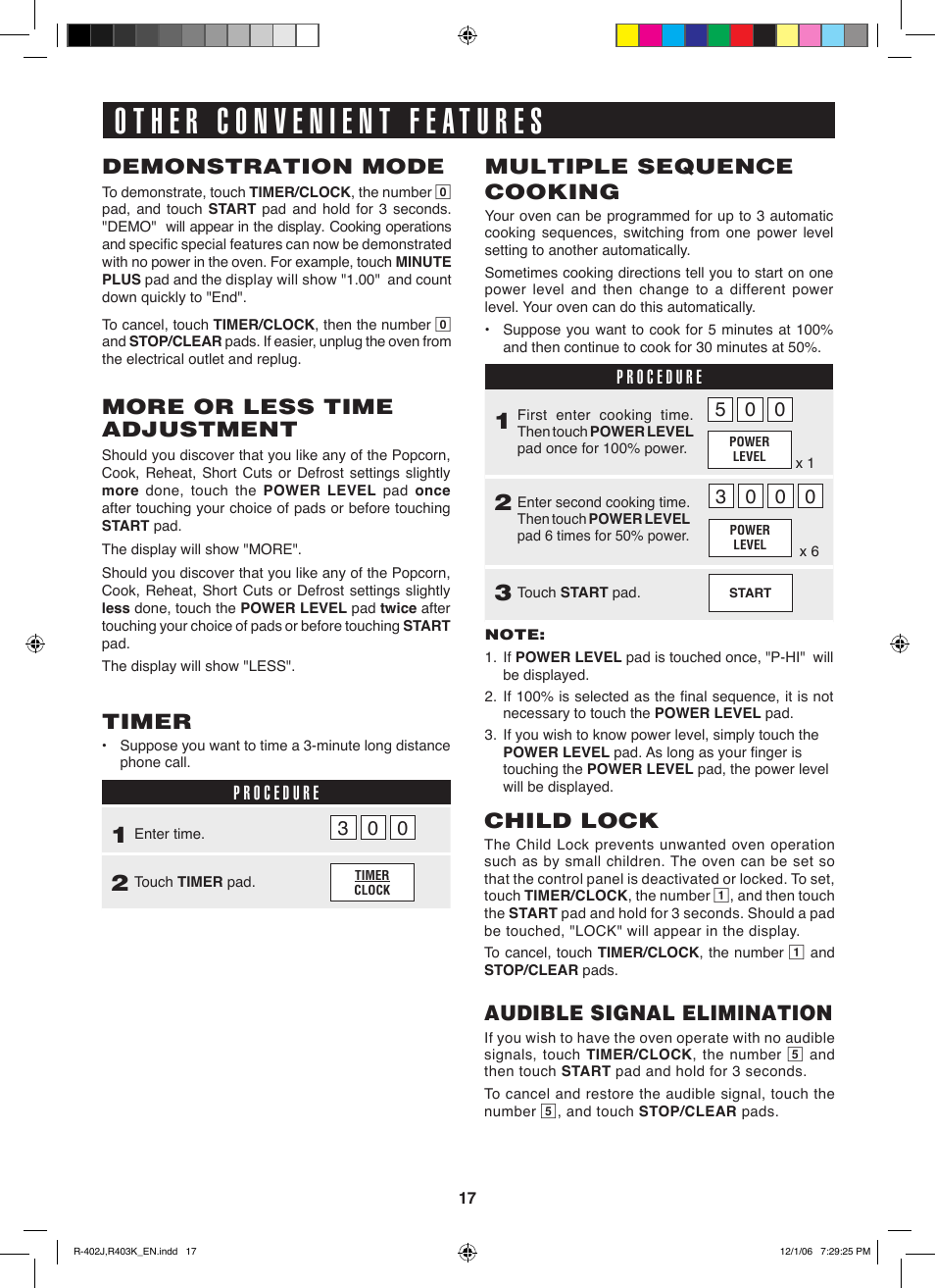 More or less time adjustment, Demonstration mode, Multiple sequence cooking | Timer, Child lock, Audible signal elimination | Sharp TINSEB137WRRZ-D61 User Manual | Page 17 / 42