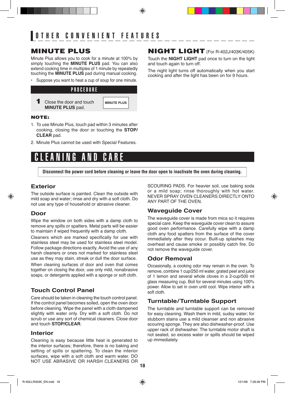 Minute plus, Night light | Sharp TINSEB137WRRZ-D61 User Manual | Page 18 / 42