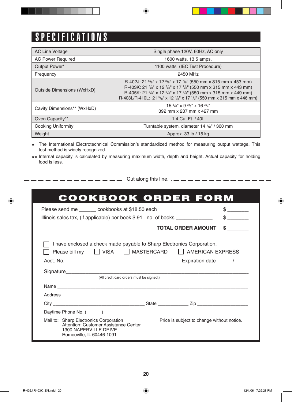 Cookbook order form | Sharp TINSEB137WRRZ-D61 User Manual | Page 20 / 42