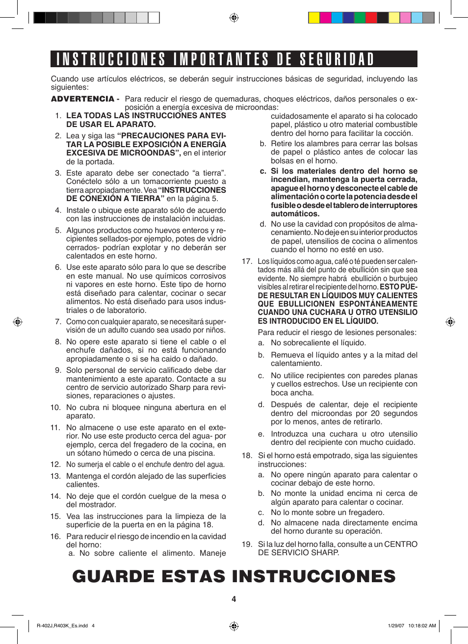 Guarde estas instrucciones | Sharp TINSEB137WRRZ-D61 User Manual | Page 25 / 42