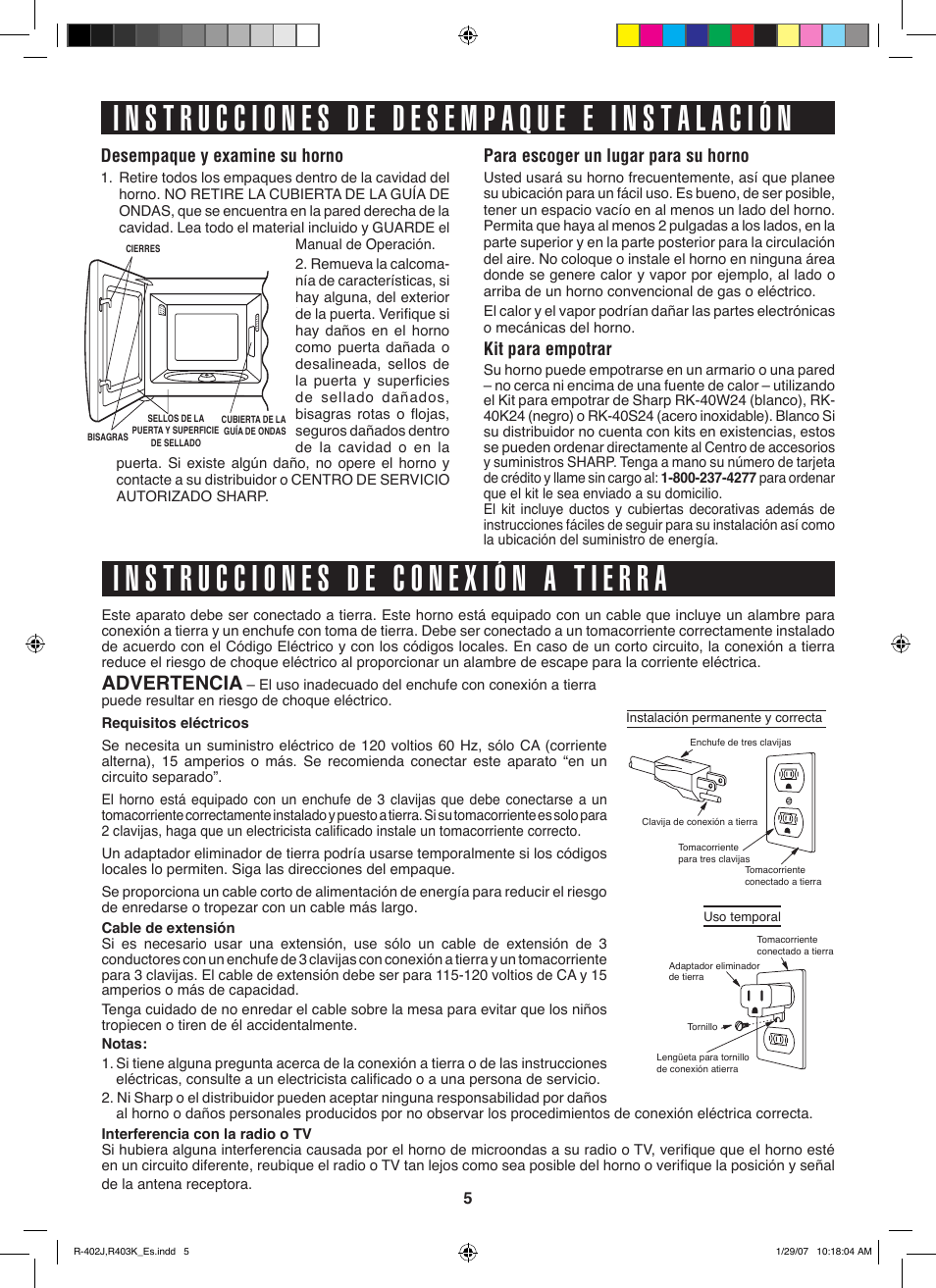 Advertencia, Desempaque y examine su horno, Para escoger un lugar para su horno | Kit para empotrar | Sharp TINSEB137WRRZ-D61 User Manual | Page 26 / 42