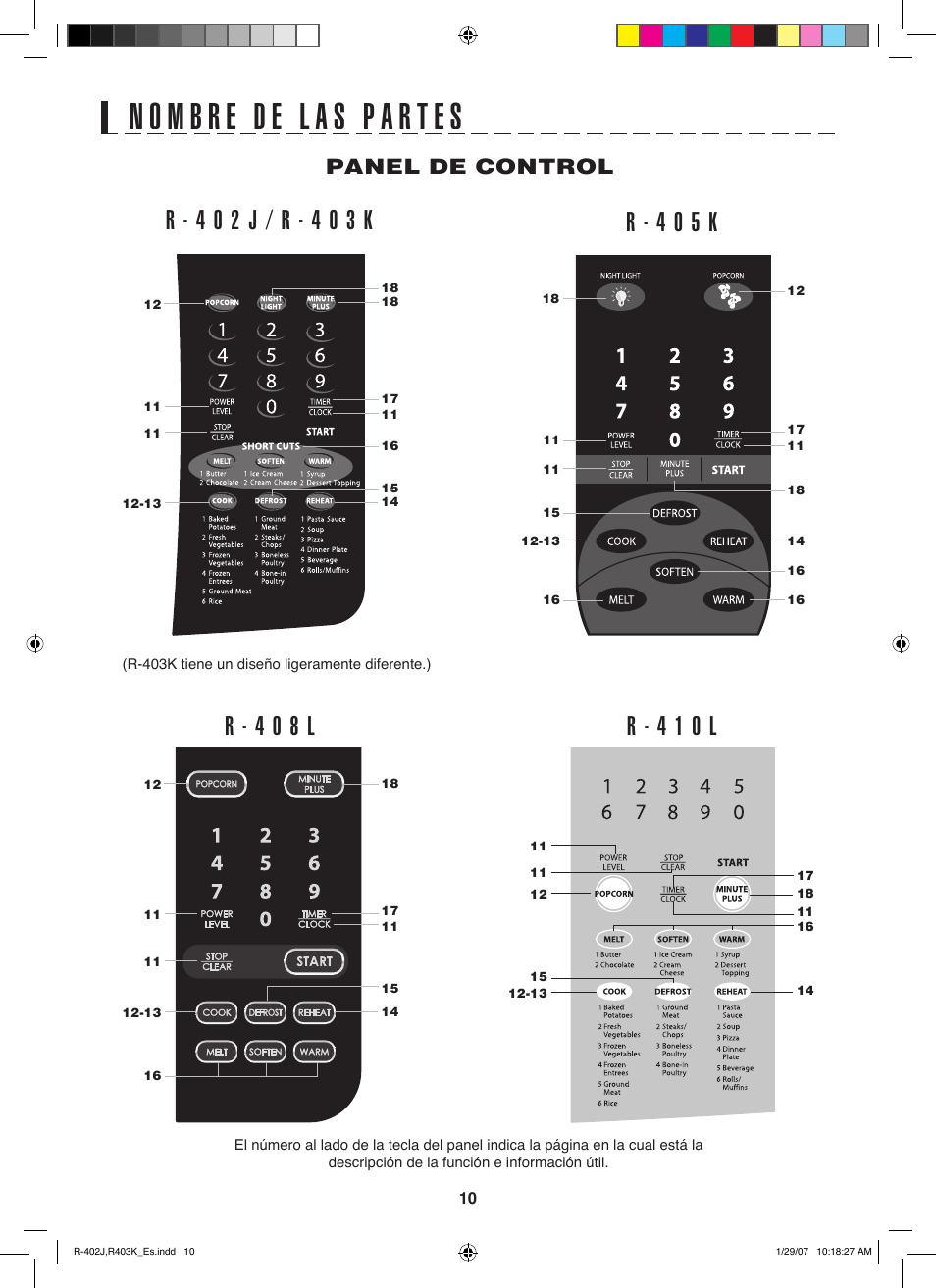 R - 4 0 5 k, Panel de control | Sharp TINSEB137WRRZ-D61 User Manual | Page 31 / 42