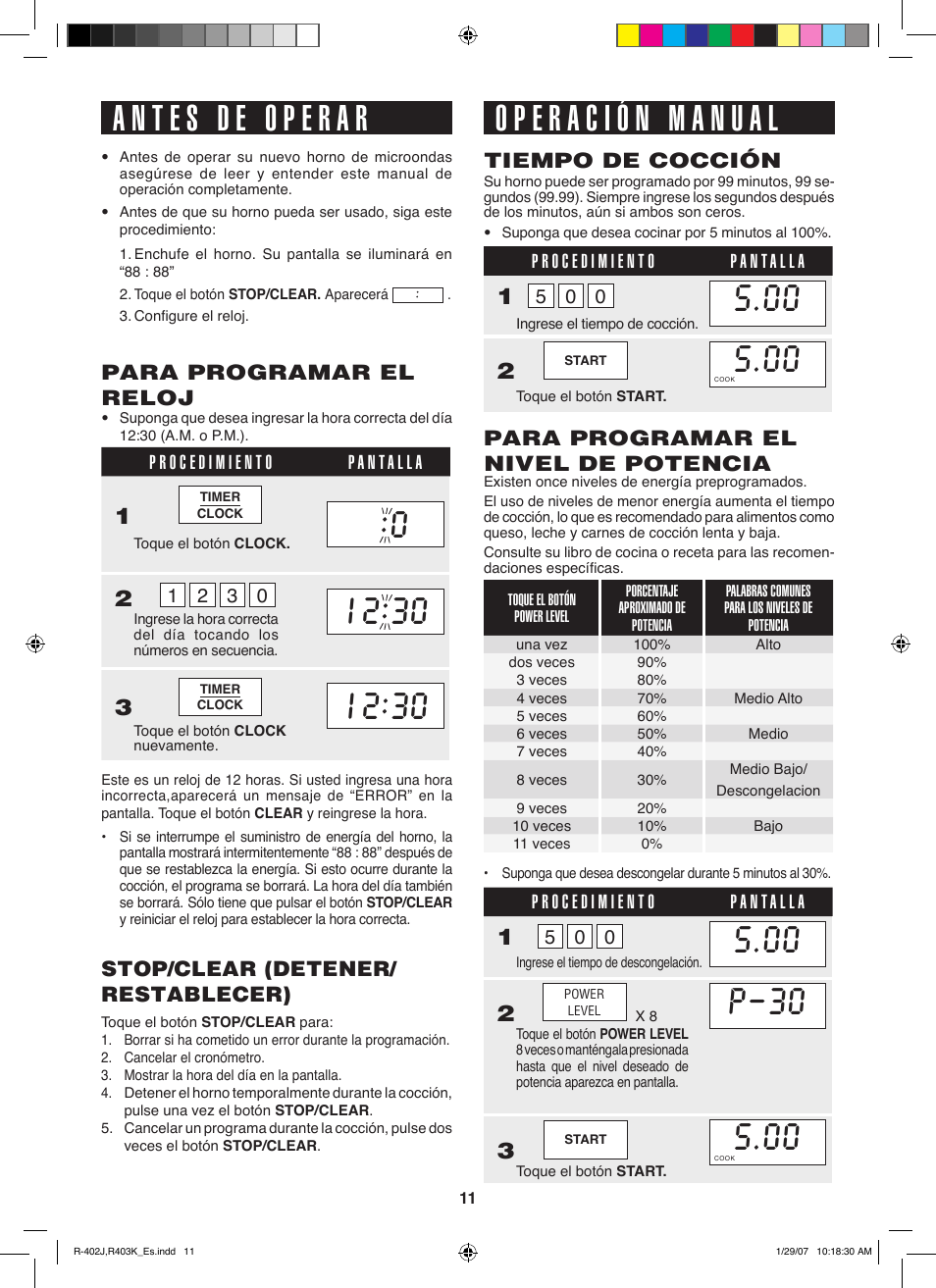 P-30, Para programar el reloj, Tiempo de cocción | Para programar el nivel de potencia, Stop/clear (detener/ restablecer) | Sharp TINSEB137WRRZ-D61 User Manual | Page 32 / 42