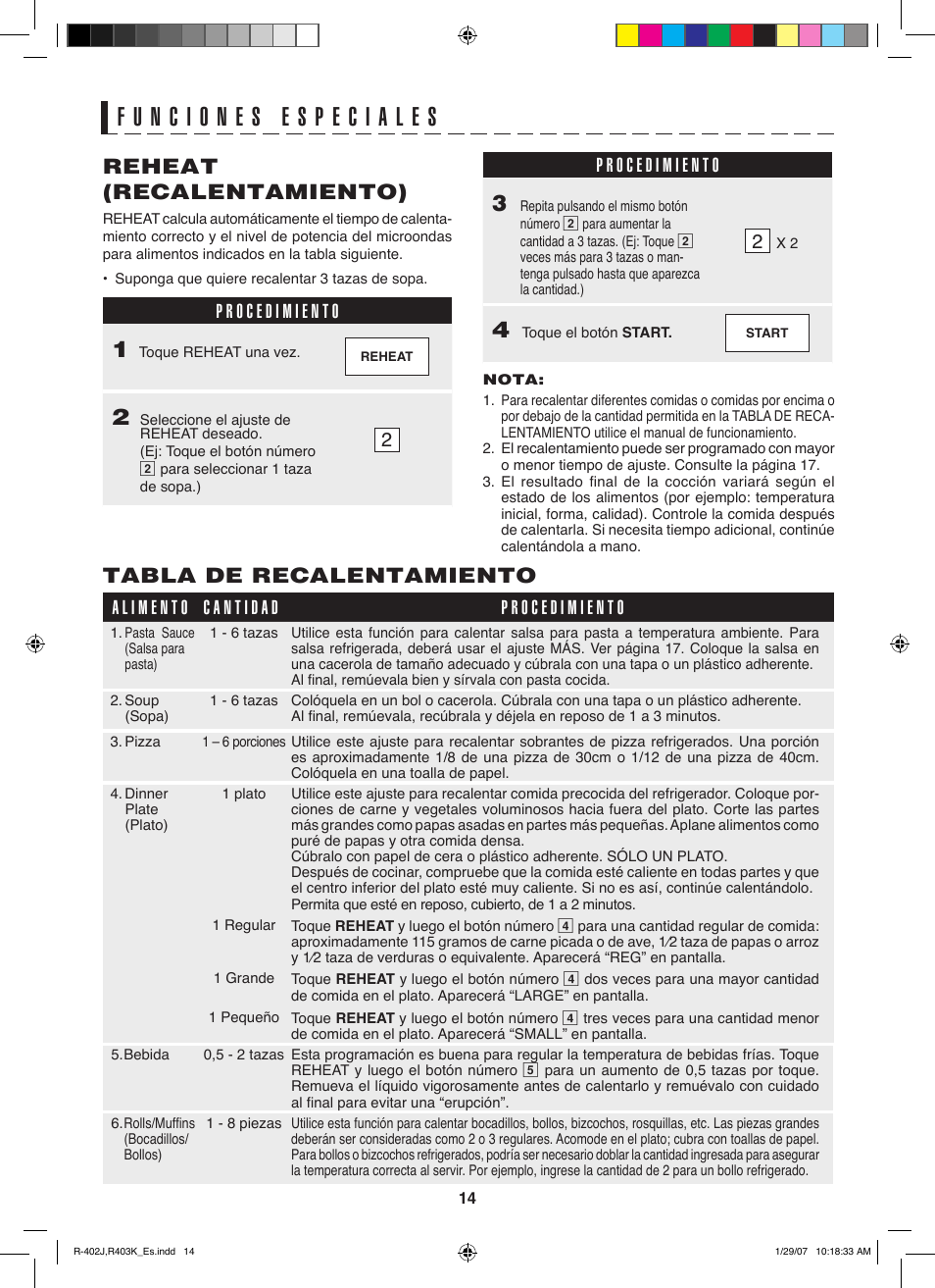 Reheat (recalentamiento), Tabla de recalentamiento | Sharp TINSEB137WRRZ-D61 User Manual | Page 35 / 42