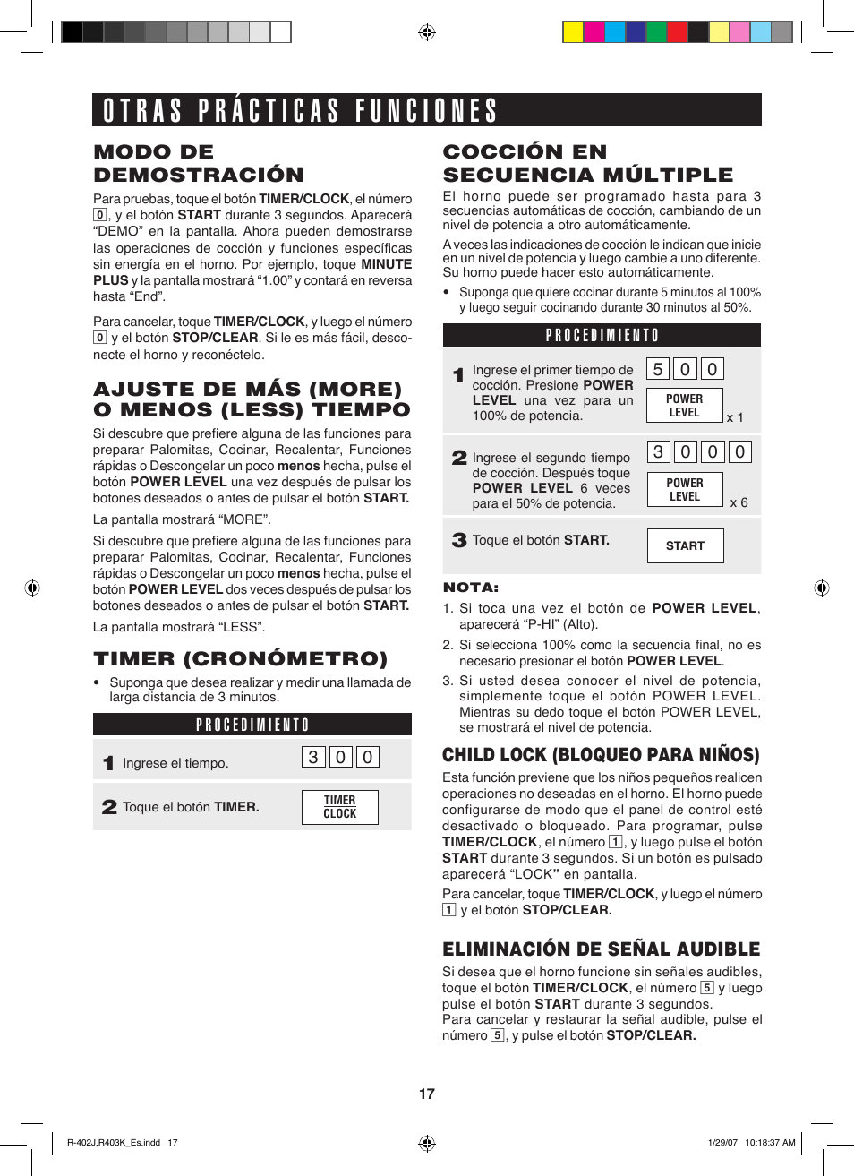 Cocción en secuencia múltiple, Timer (cronómetro), Child lock (bloqueo para niños) | Eliminación de señal audible, Ajuste de más (more) o menos (less) tiempo, Modo de demostración | Sharp TINSEB137WRRZ-D61 User Manual | Page 38 / 42