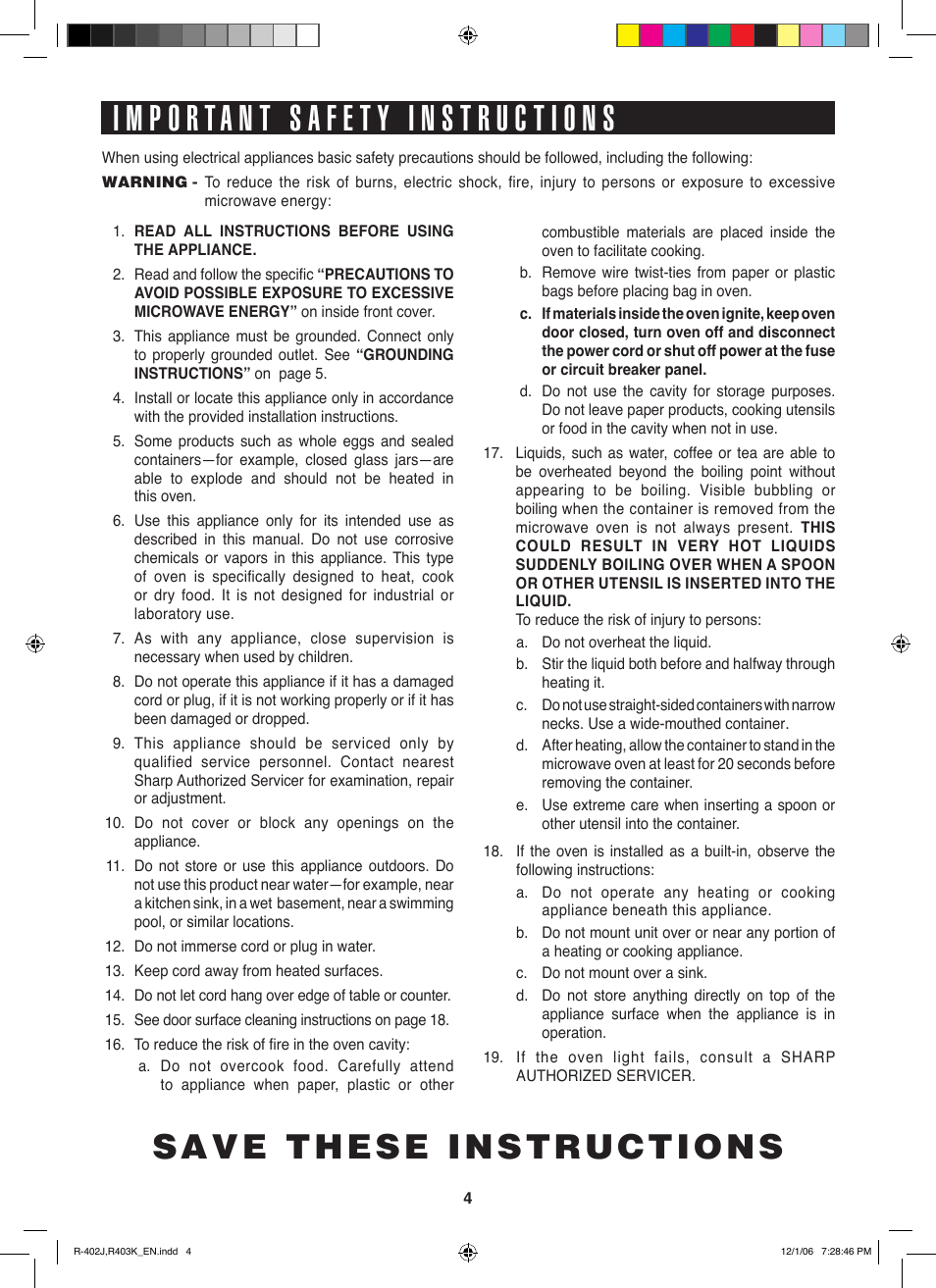 Save these instructions | Sharp TINSEB137WRRZ-D61 User Manual | Page 4 / 42