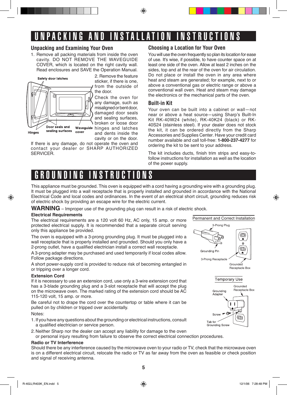 Warning, Unpacking and examining your oven, Choosing a location for your oven | Built-in kit | Sharp TINSEB137WRRZ-D61 User Manual | Page 5 / 42