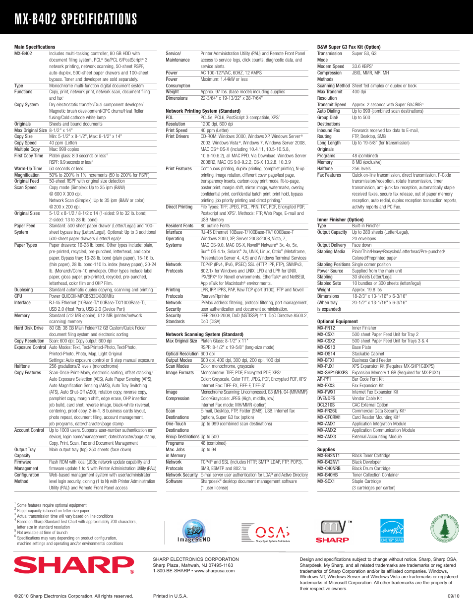 Mx-b402 specifications | Sharp MX-B402 User Manual | Page 2 / 2
