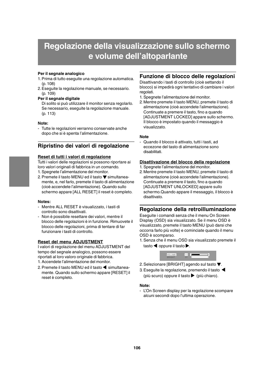 Ripristino dei valori di regolazione, Funzione di blocco delle regolazioni, Regolazione della retroilluminazione | Sharp LL-T1815 User Manual | Page 106 / 156