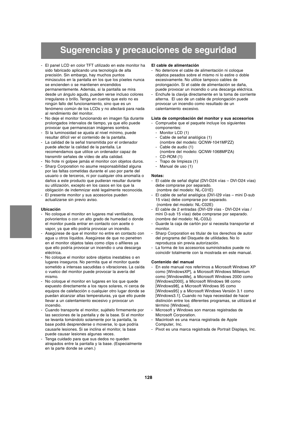 Sugerencias y precauciones de seguridad | Sharp LL-T1815 User Manual | Page 128 / 156