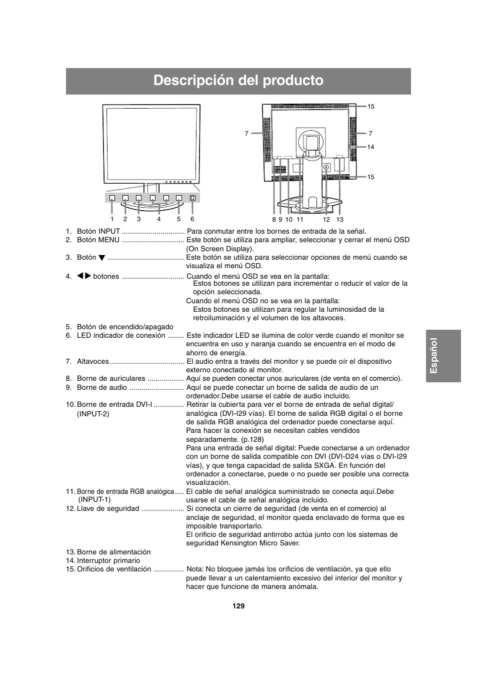 Descripción del producto, English deutsc h français italiano español english | Sharp LL-T1815 User Manual | Page 129 / 156