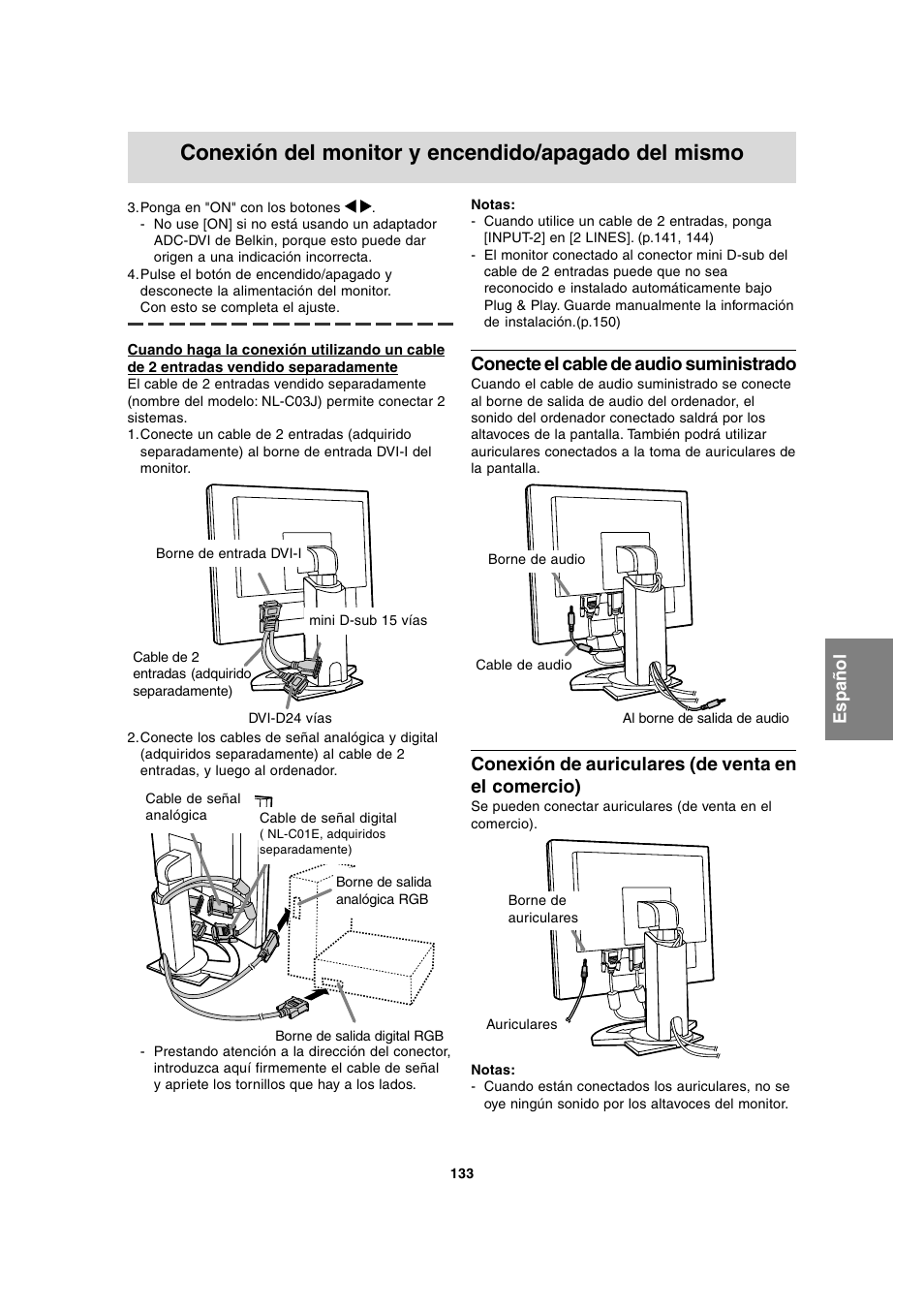 Conexión del monitor y encendido/apagado del mismo, Conecte el cable de audio suministrado, Conexión de auriculares (de venta en el comercio) | Sharp LL-T1815 User Manual | Page 133 / 156