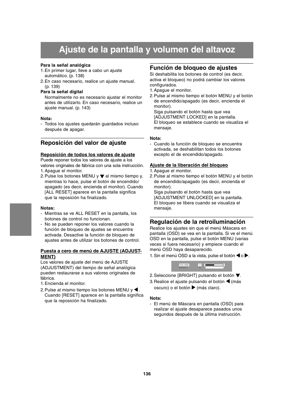 Ajuste de la pantalla y volumen del altavoz, Reposición del valor de ajuste, Función de bloqueo de ajustes | Regulación de la retroiluminación | Sharp LL-T1815 User Manual | Page 136 / 156