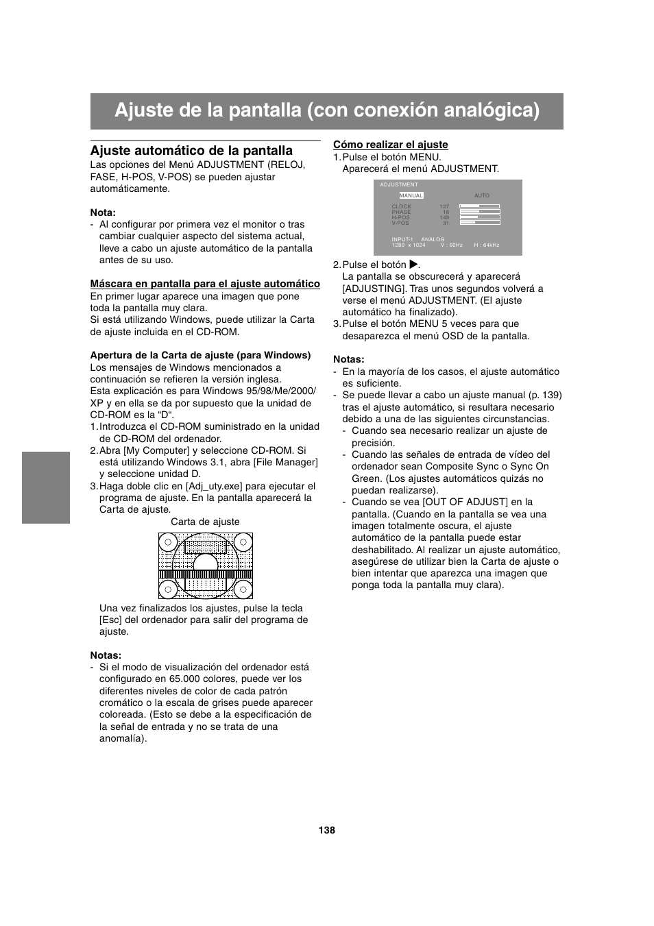 Ajuste de la pantalla (con conexión analógica), Ajuste automático de la pantalla | Sharp LL-T1815 User Manual | Page 138 / 156