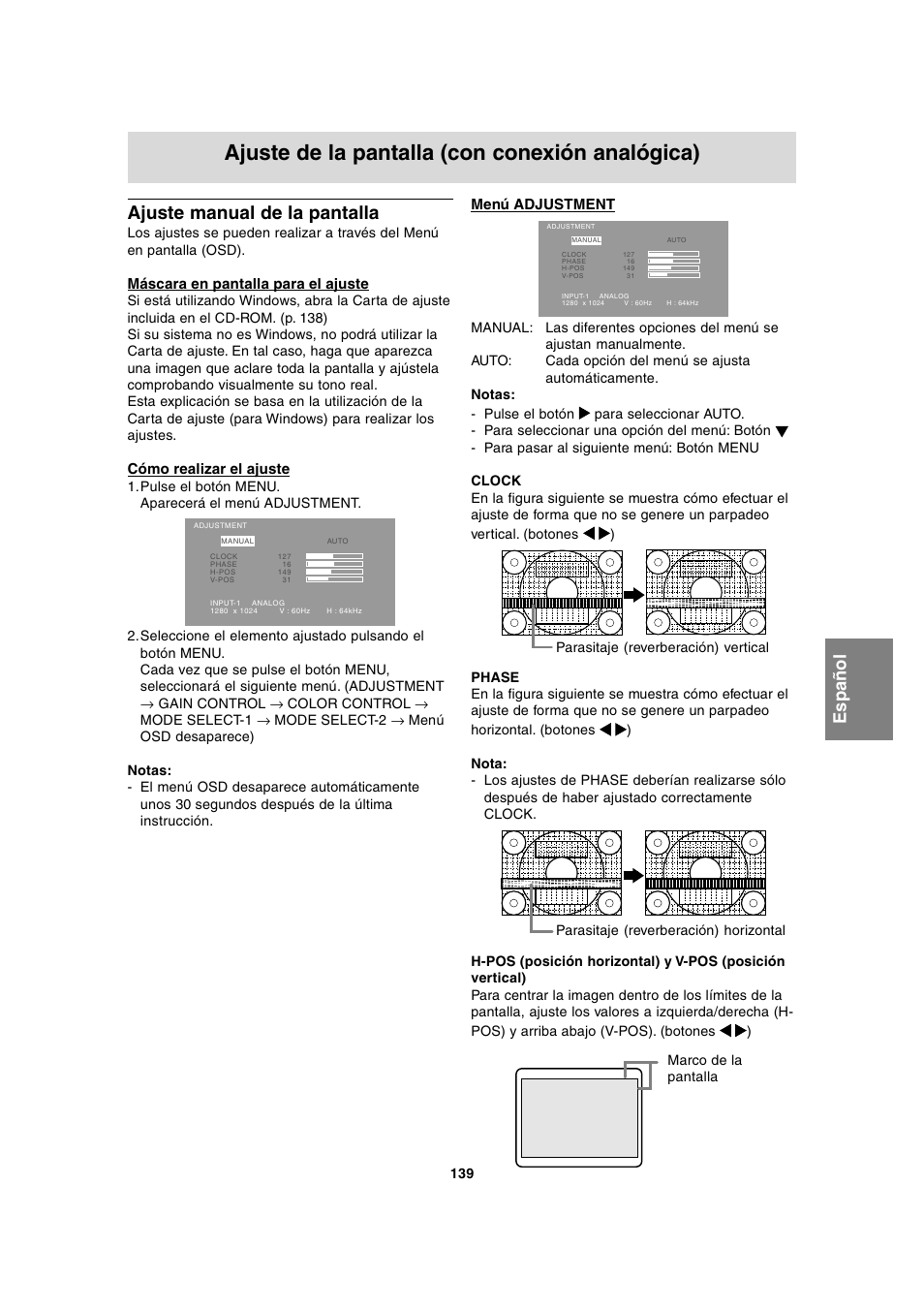 Ajuste de la pantalla (con conexión analógica), Ajuste manual de la pantalla, Máscara en pantalla para el ajuste | Cómo realizar el ajuste, Menú adjustment | Sharp LL-T1815 User Manual | Page 139 / 156